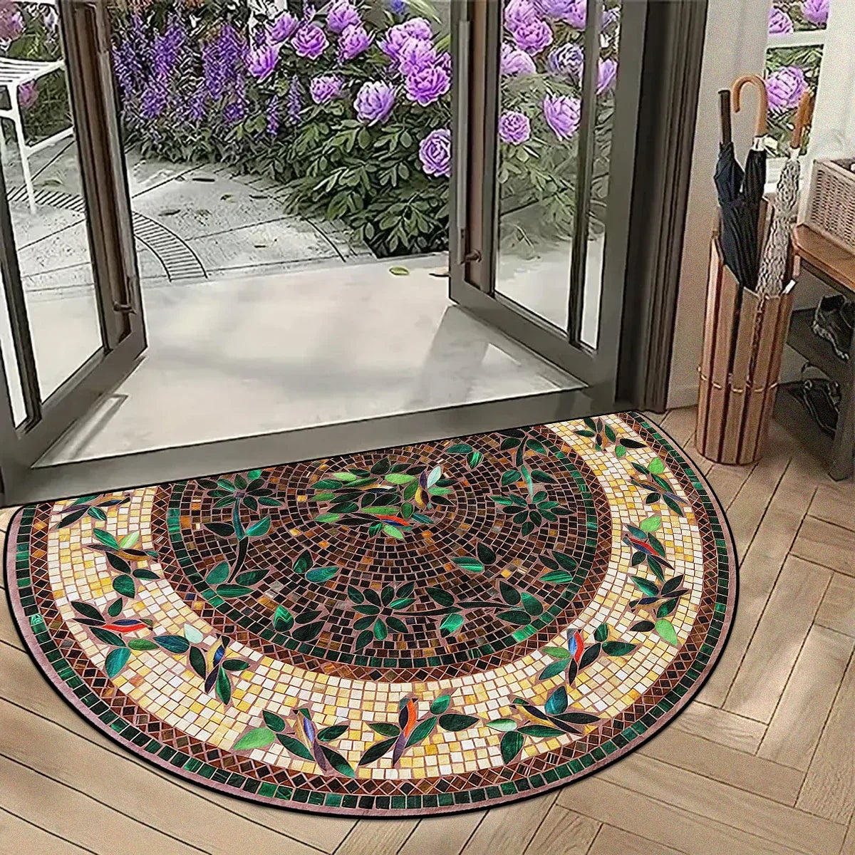 VIKAMA Semi-Circular Mosaic Non-Slip Floor Mat Vintage Floral Geometric Patchwork Patio Entry Porch Balcony High Traffic Area - ZJX-FLR-9 | 60X90CM(2X3FT