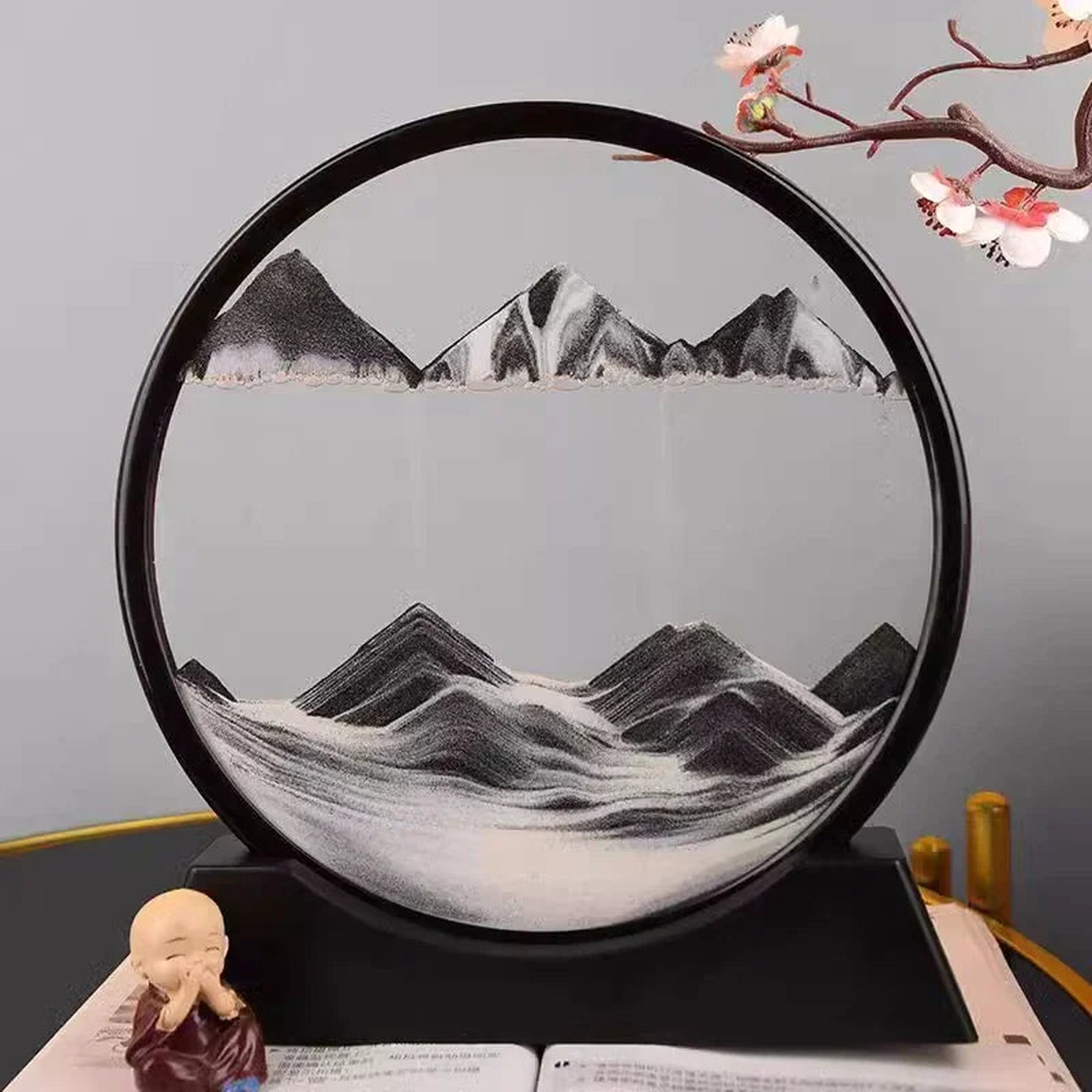 3D Moving Sand Art Picture Round Glass Deep Sea Sandscape Hourglass Quicksand Craft Flowing Sand Painting Office Home Decor Gift - black