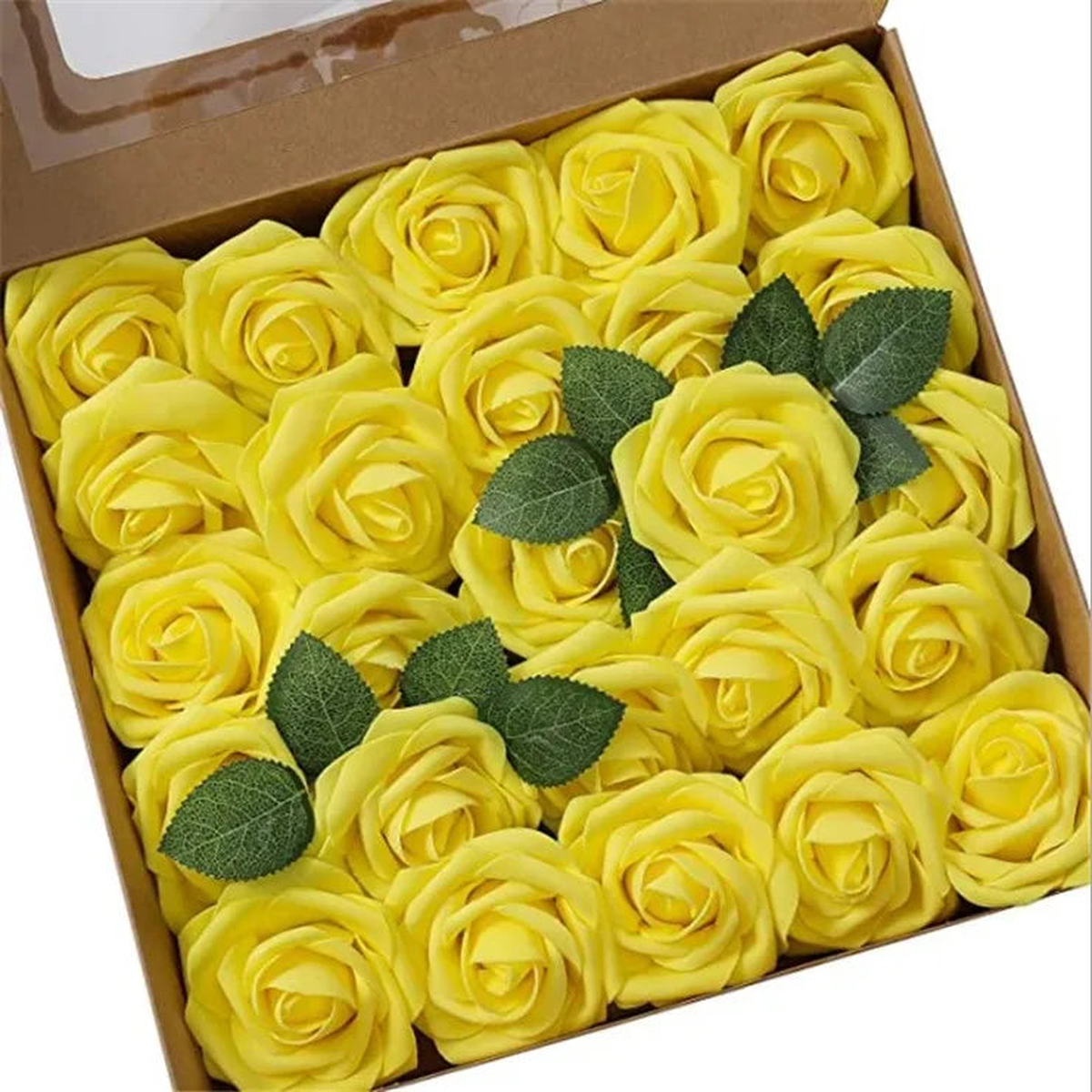 10~100pcs Rose Artificial Flowers Foam Fake Roses Wedding Bouquets Centerpieces Mothers Day Valentines Gifts Party Decoration - Yellow | 100pcs no box leaves