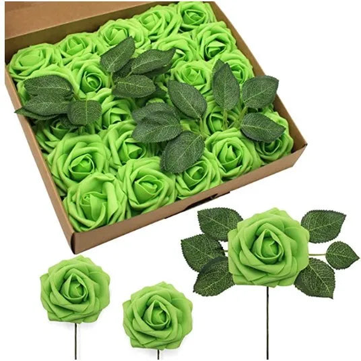 10~100pcs Rose Artificial Flowers Foam Fake Roses Wedding Bouquets Centerpieces Mothers Day Valentines Gifts Party Decoration - green | 100pcs no box leaves