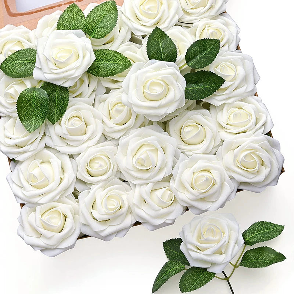 10~100pcs Rose Artificial Flowers Foam Fake Roses Wedding Bouquets Centerpieces Mothers Day Valentines Gifts Party Decoration - White | 50pcs no box leaves