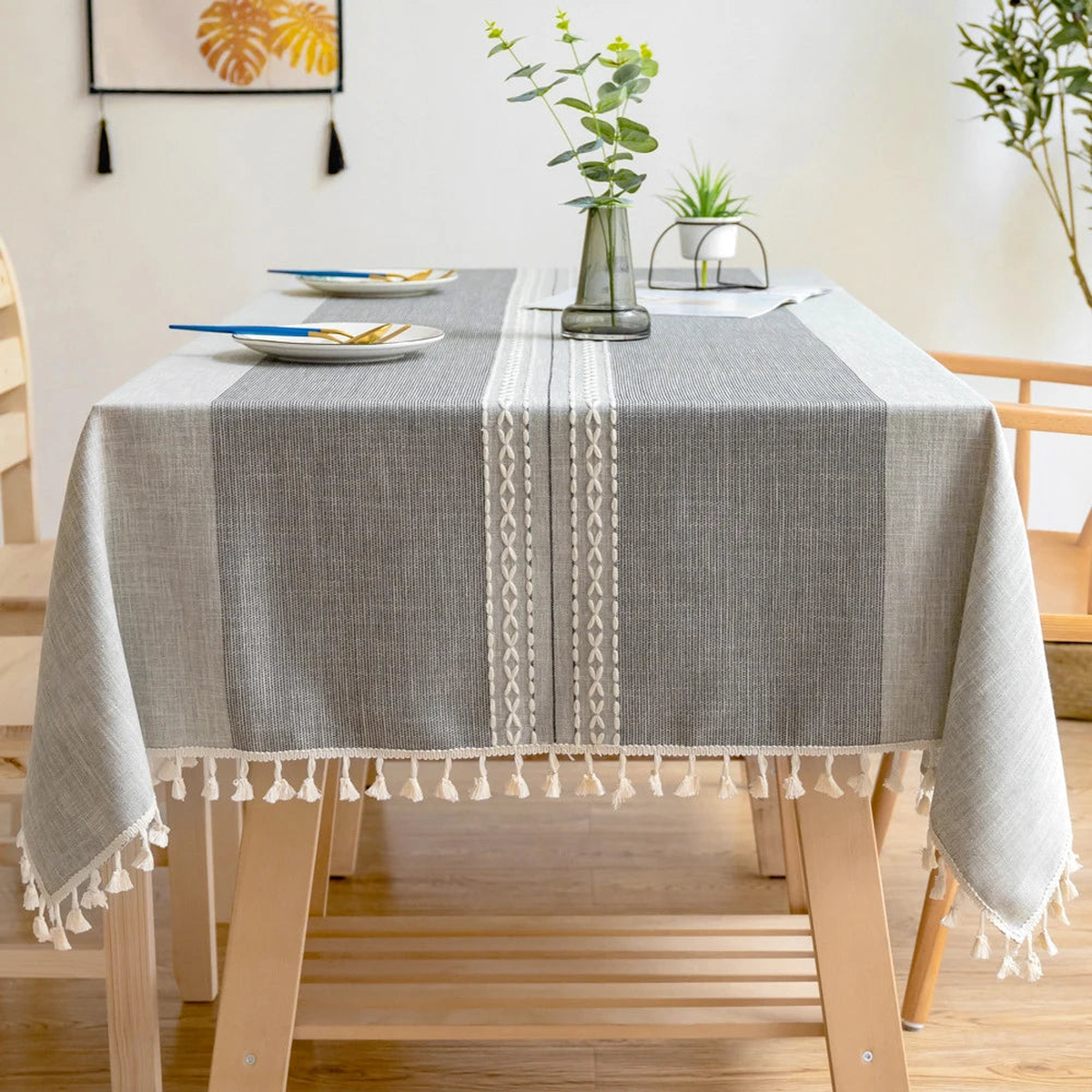 Battilo Linen Cotton Tablecloth Round Rectangular Table Cloth Waterproof Table Cover for Dining Coffee Table Kitchen Room Decor - Cyan 2 | 140x260cm