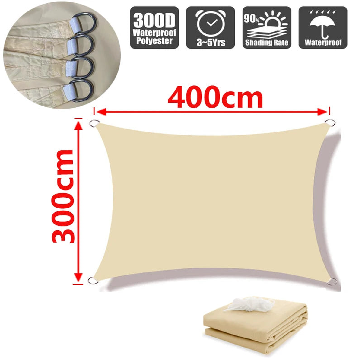 Outdoor Shade Sail, 300D Polyester Waterproof UV-Proof Awning, Sunshine Canopy for Terrace, Carport, Backyard, Garden, etc - Beige 300x400cm
