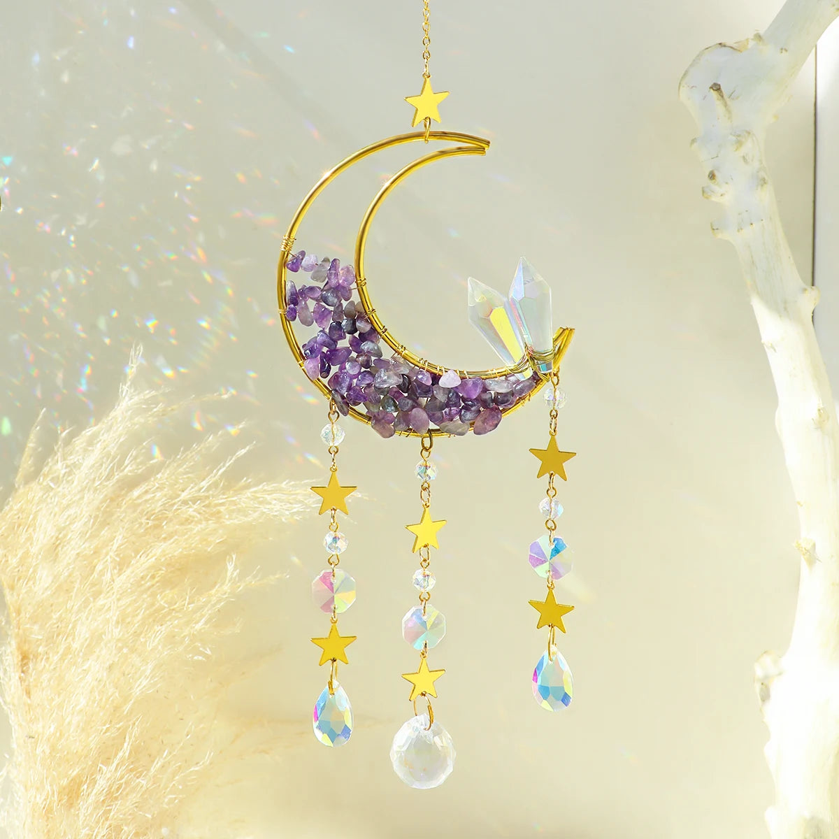 Crystal Suncatcher Moon Star Wall Hanging Decor Healing Crystals Rainbow Maker for Garden Outdoor Decoration Spring Window Decor - Suncatcher MS199